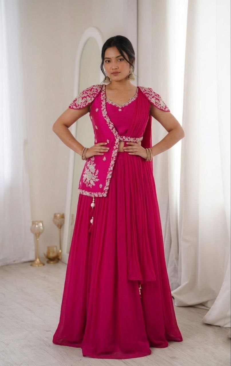 Elegant Embroidered Lehenga Choli Set with Stylish Jacket – Free Size, Premium Fabrics