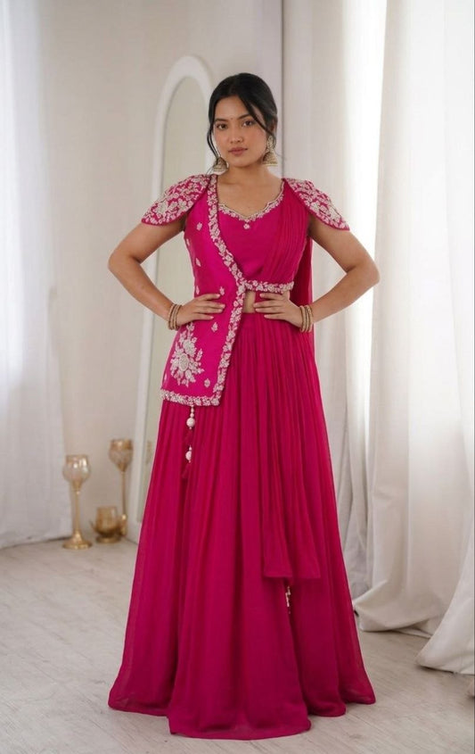 Elegant Embroidered Lehenga Choli Set with Stylish Jacket – Free Size, Premium Fabrics
