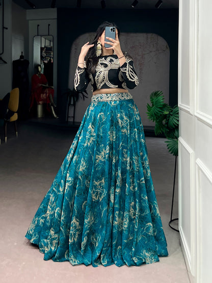 RangBhoomi Premium Co-ord Set: Tasar Silk Embroidered Lehenga with Sequined Blouse