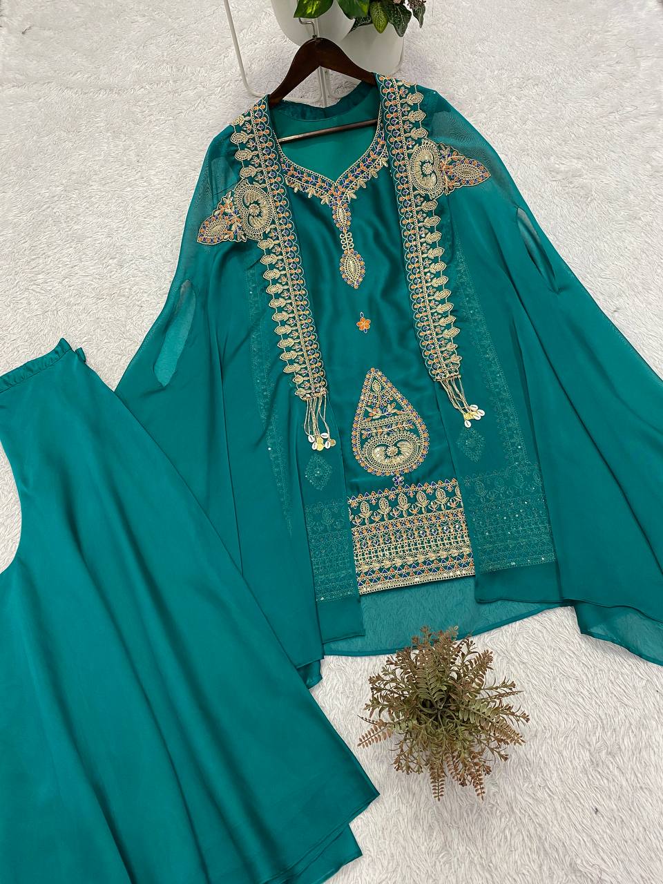Wedding Season Exclusive: Elegant Designer Top with Corded Sequin Embroidery Paired with Palazzo Pants and Shrug Set by RangBhoomi