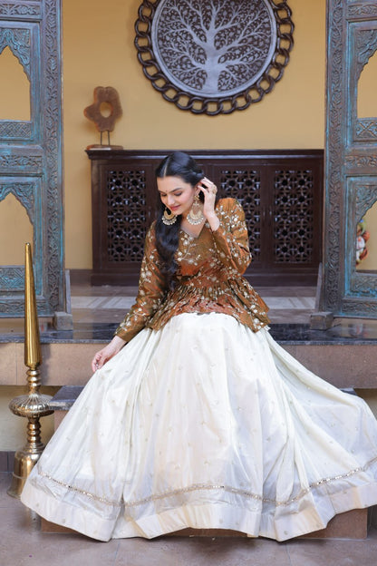 RangBhoomi Elegant Silk Embroidered Crop Top Set with Flared Lehenga and Sequined Detailing