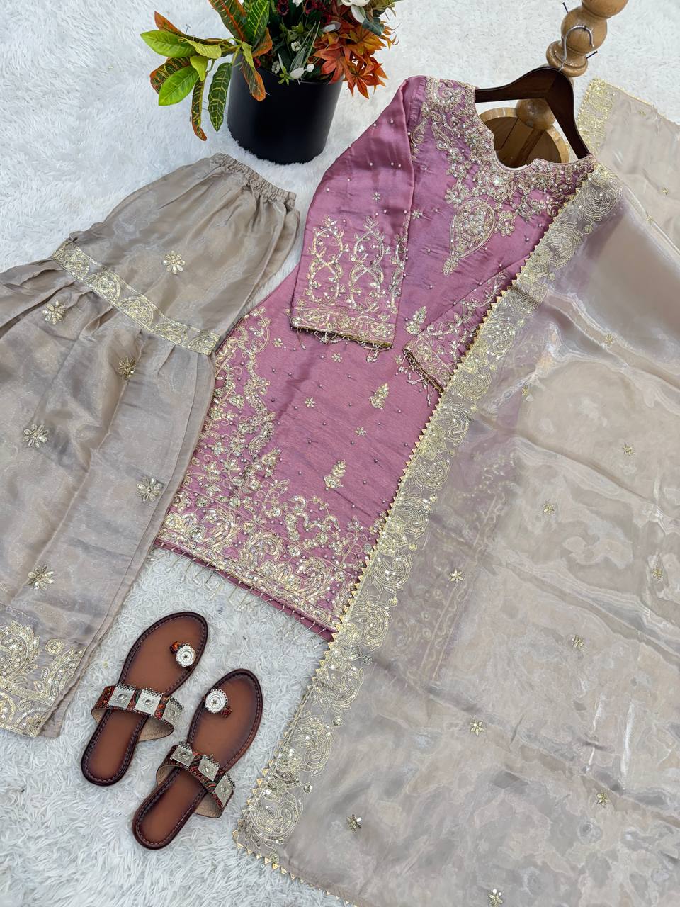 RangBhoomi Exclusive Designer Partywear Set – Pure Heavy GMY Silk with Elaborate Embroidery and Sequins