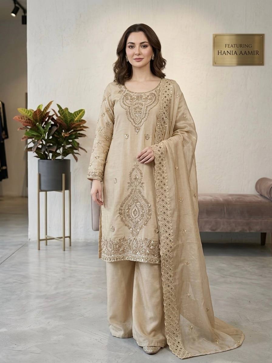 Elegant Designer Party Wear Top, Palazzos, and Dupatta Set with Intricate Heavy Embroidery and Beaded Detailing