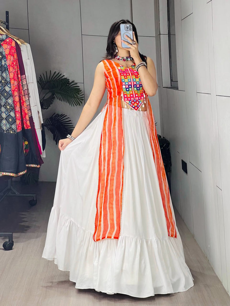 RangBhoomi Kesariya Leheriya Kurti with White Flared Lehenga Set - Festive Mirror & Gota Work