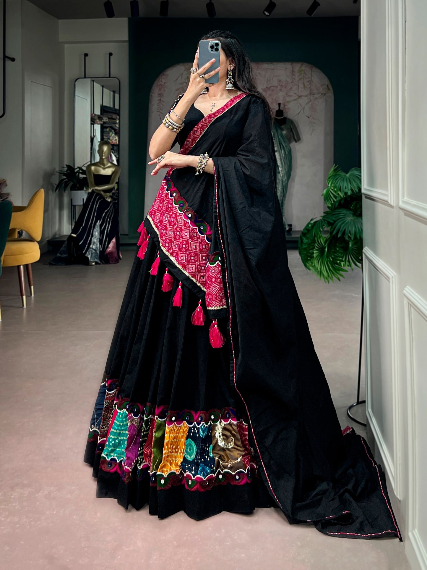 RangBhoomi Navratri Khadi Cotton Lehenga Set with Multicolor Patchwork & Bandhej Dupatta