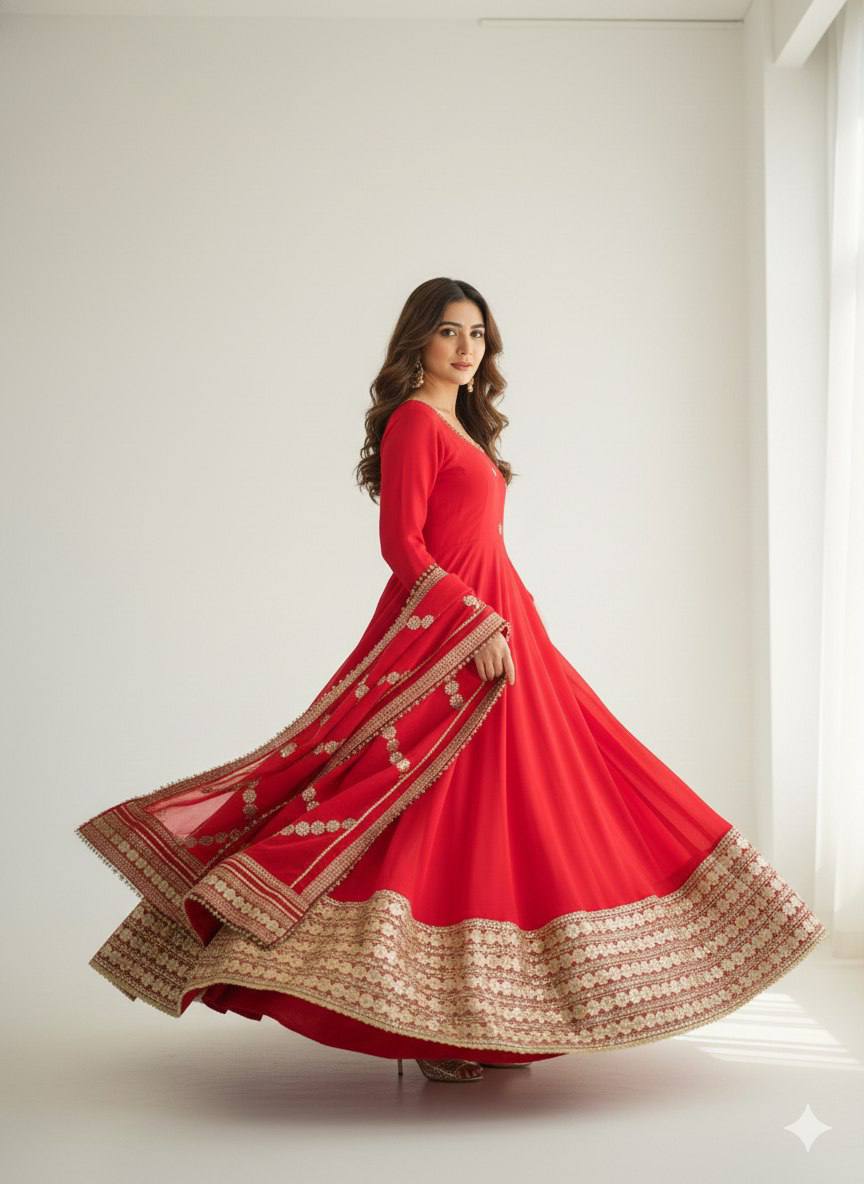 RangBhoomi Premium Chinon Silk Anarkali Gown Set with Heavy Embroidery, 3mm Sequin Sleeve Lace, Crepe Pants, and Sequined Lace Dupatta