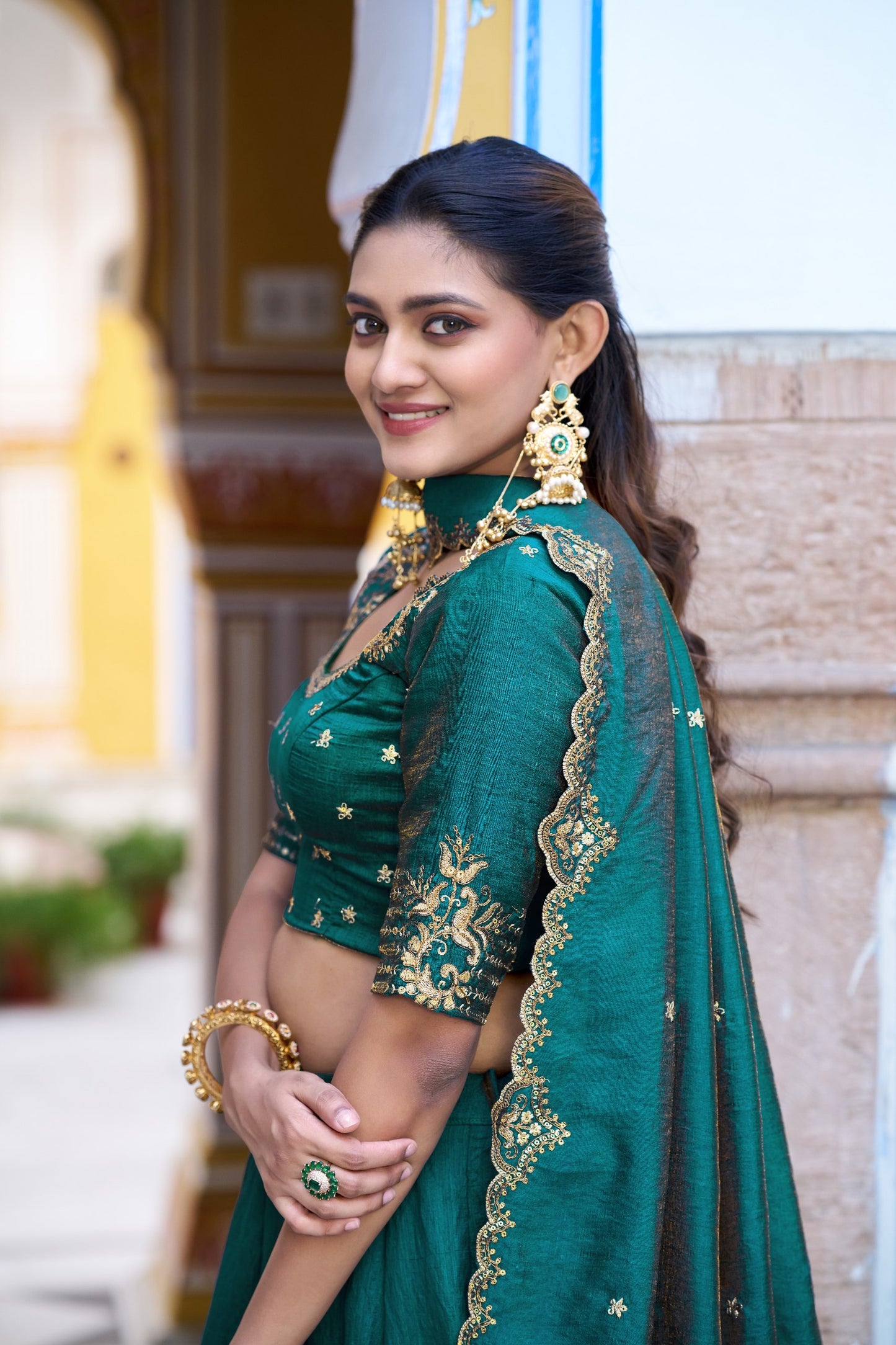 Emerald Royal Elegance – Stunning NC Silk Lehenga with Sequined Embroidery and Elegant Dupatta