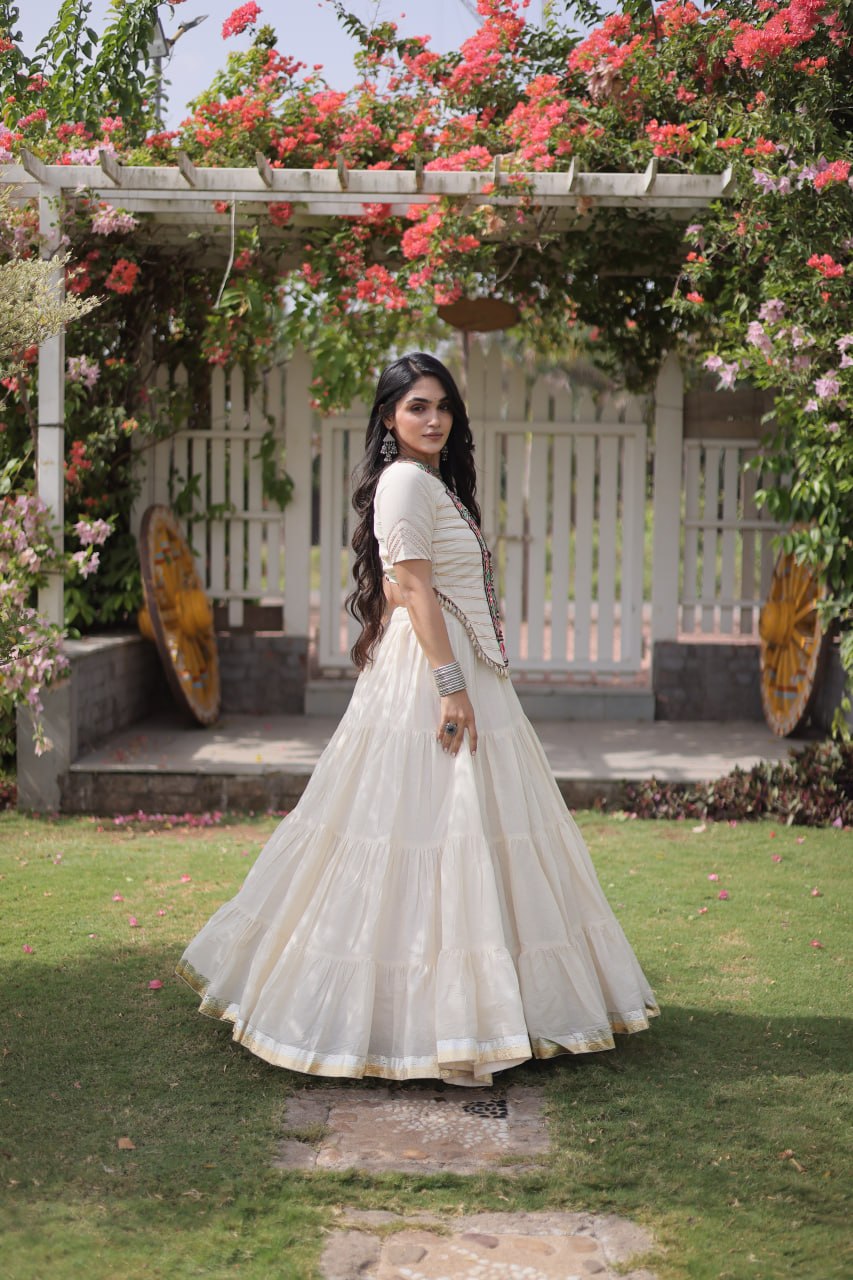 RangBhoomi Navratri 2026 Kora Cotton Full-Stitched Lehenga & Blouse Set — L (40", Adjustable 38–44)
