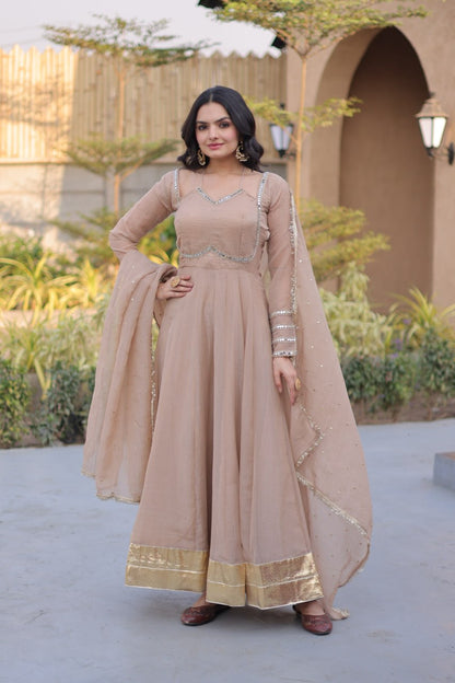 RangBhoomi Silver Mirror Lace Gown with Dupatta - Elegant Occasion Wear