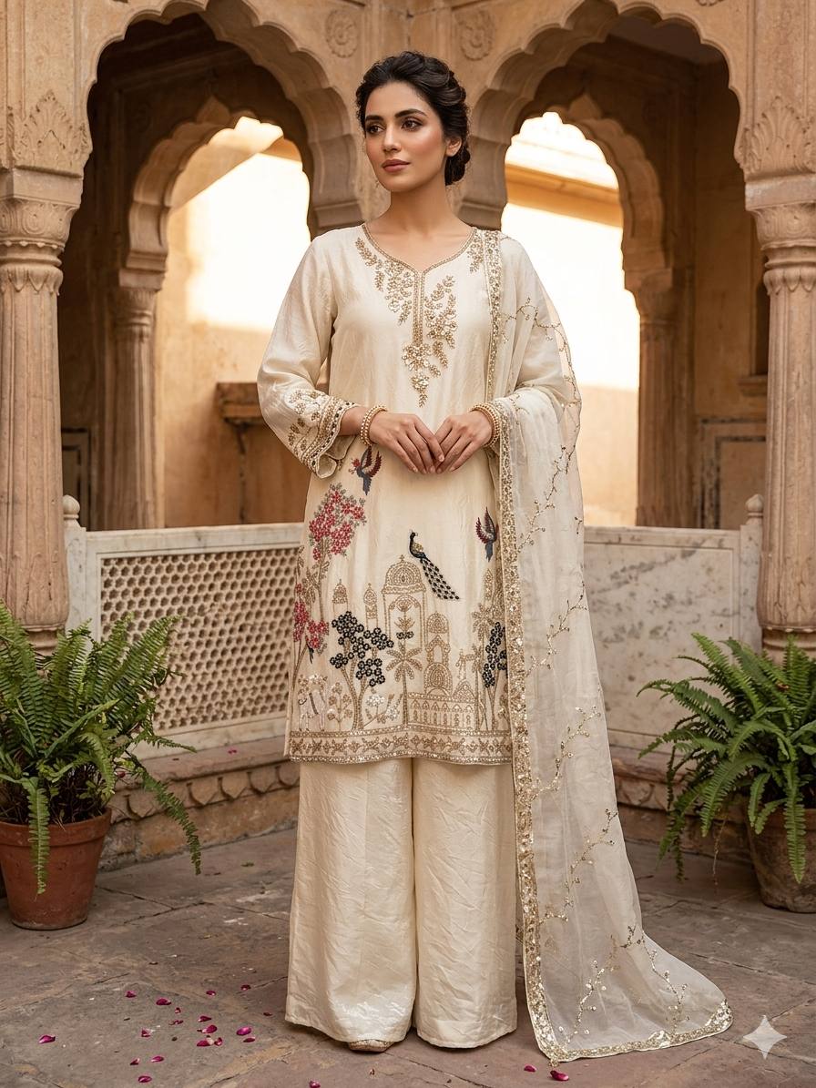 RangBhoomi Designer Beads & Sequence Embroidered Top with Fendy Plazzo and Dupatta