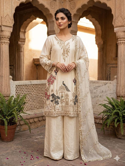 RangBhoomi Designer Beads & Sequence Embroidered Top with Fendy Plazzo and Dupatta
