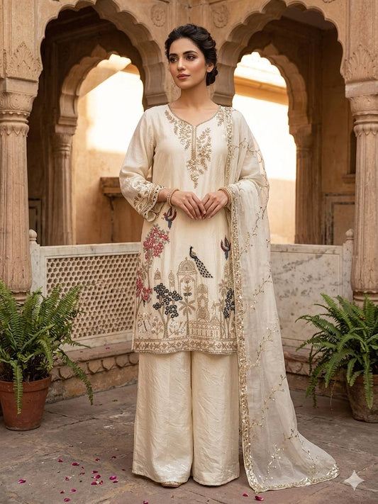 RangBhoomi Designer Beads & Sequence Embroidered Top with Fendy Plazzo and Dupatta