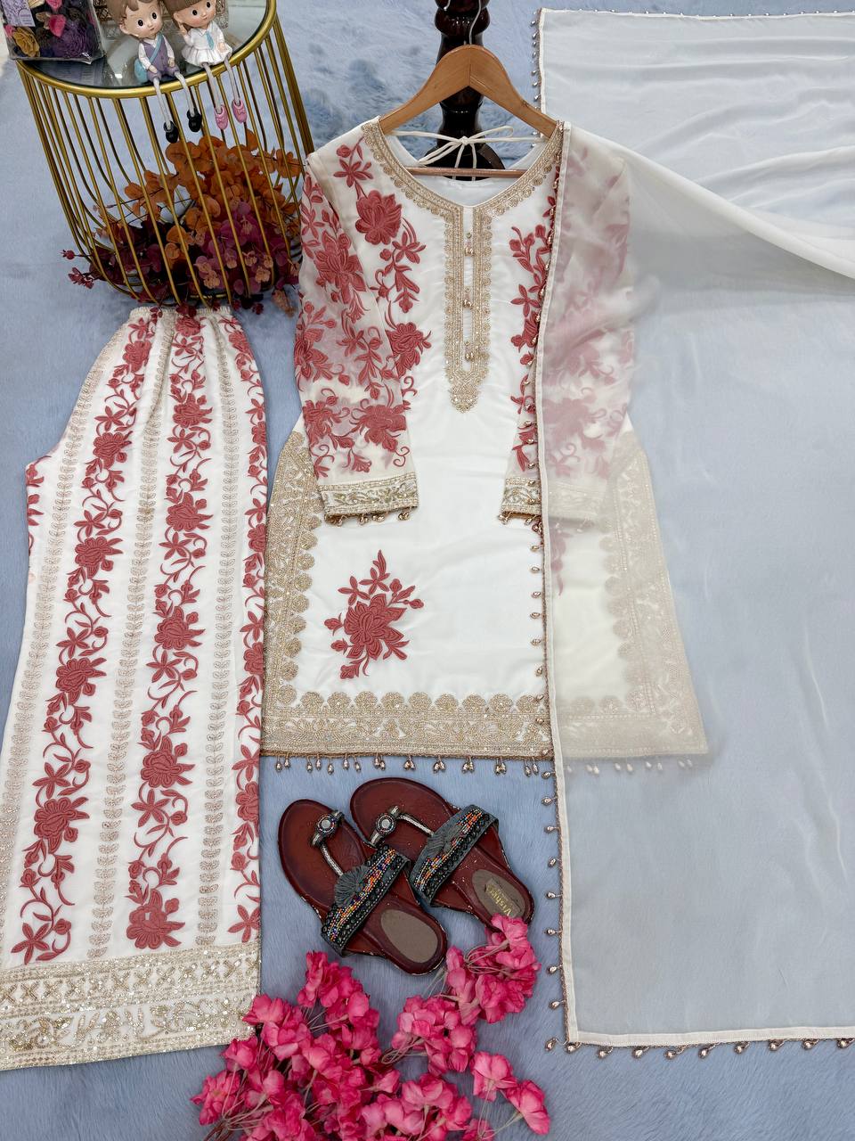 RangBhoomi Designer Party Wear Heavy Star Georgette Top, Plazzo & Dupatta Set