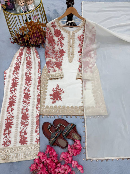 RangBhoomi Designer Party Wear Heavy Star Georgette Top, Plazzo & Dupatta Set