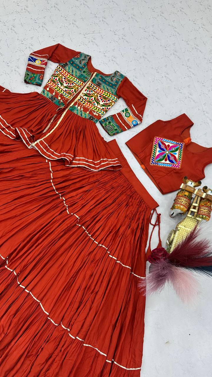 RangBhoomi Navratri Special Gamathi Work 9m Flair Pure Cotton Lehenga Choli - Fully Stitched