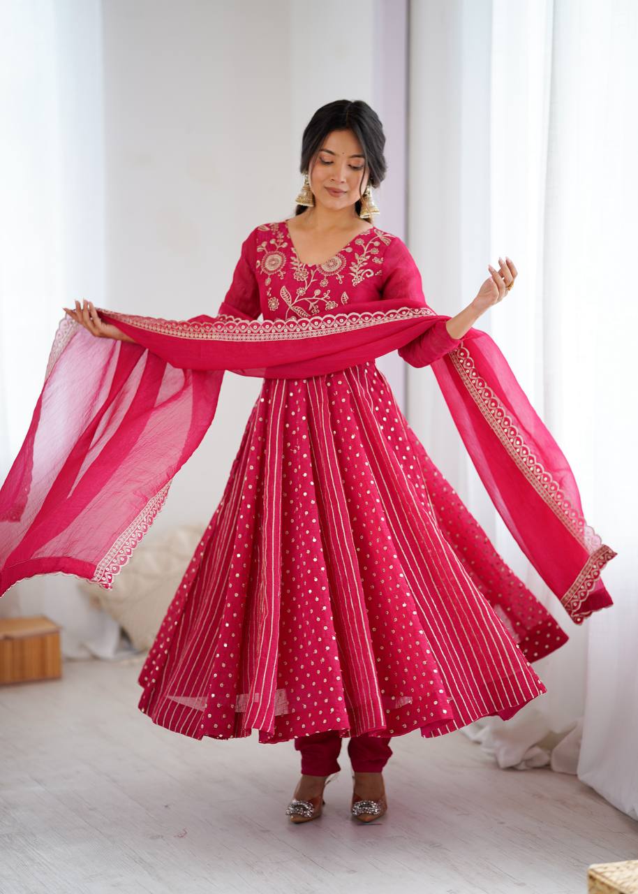 Festive Ready-to-Wear Fully Stitched Anarkali Gown Set with Embroidered Sequins and Lace-Trimmed Dupatta