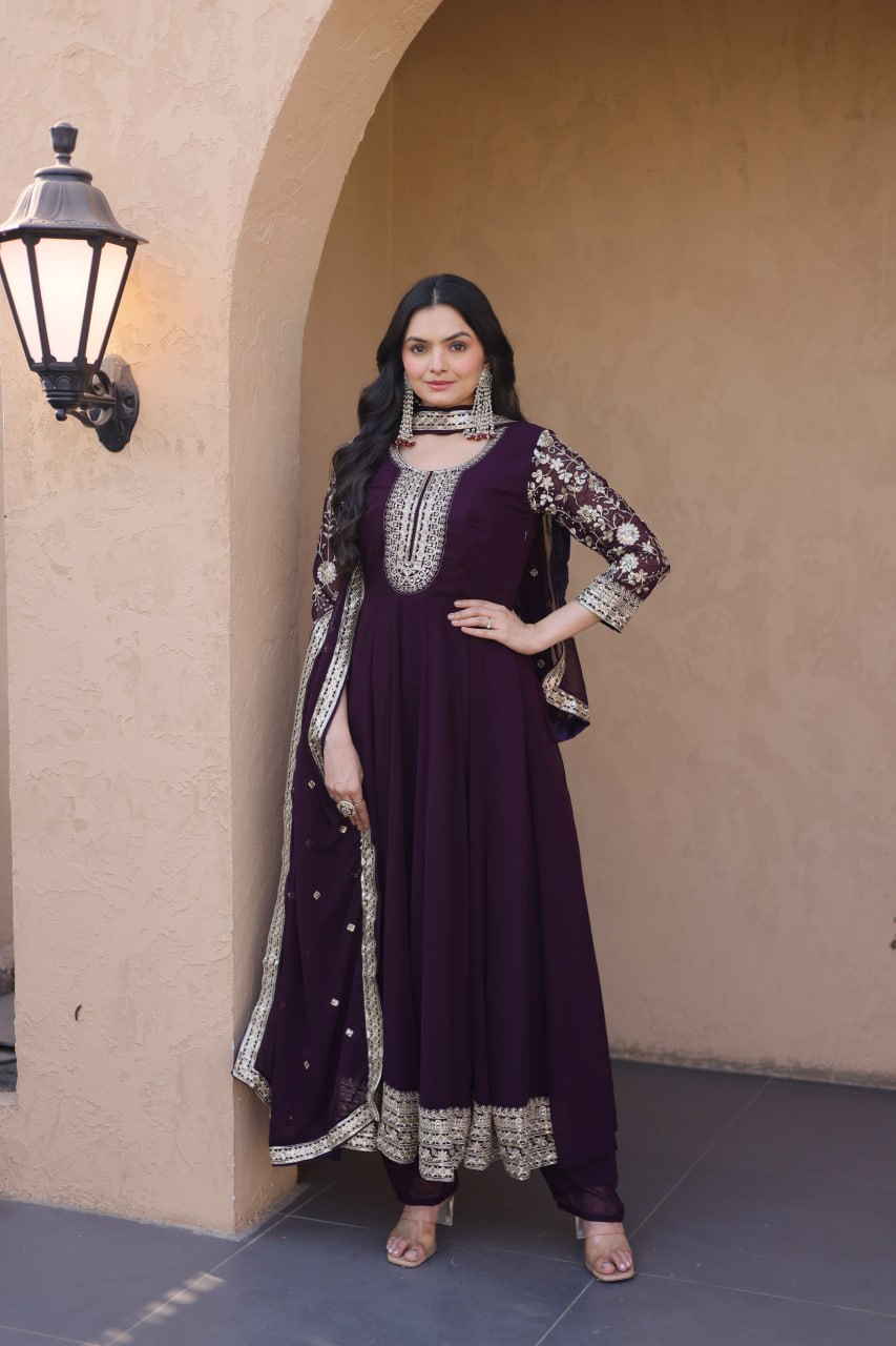 RangBhoomi Premium Readymade Gown Set with Pant & Dupatta - Faux Blooming Embroidered