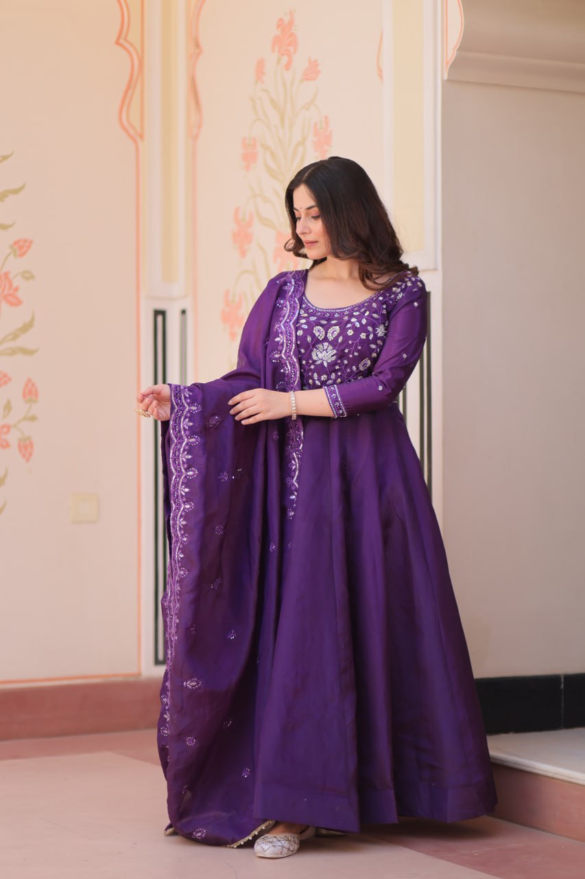 Elegant Gold Crush Embroidered Gown and Designer Dupatta Set