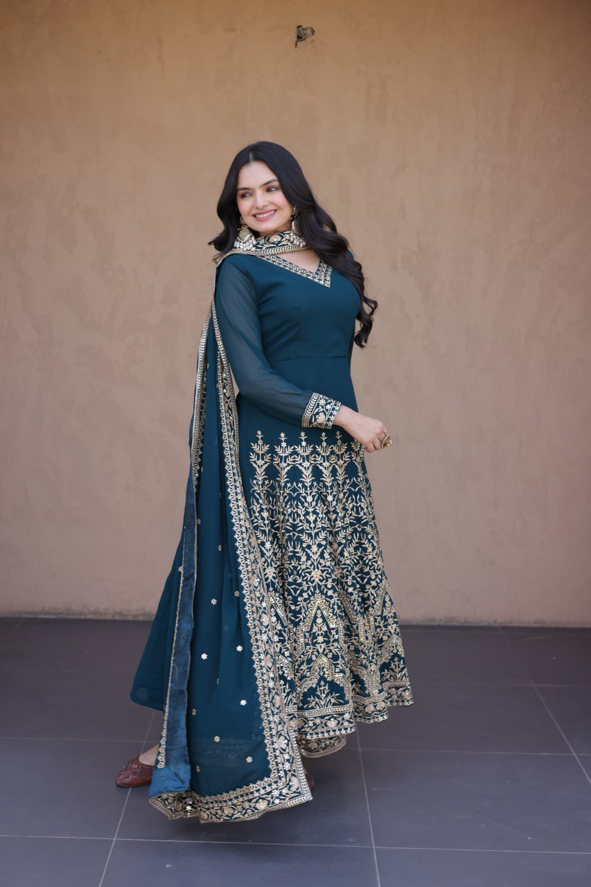 RangBhoomi Premium Readymade Gown with Pant & Dupatta Set - Embroidered Faux Blooming Festive Ensemble