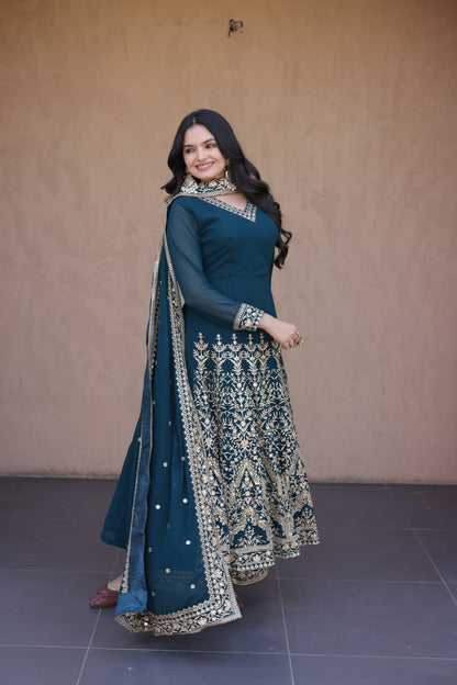 RangBhoomi Premium Readymade Gown with Pant & Dupatta Set - Embroidered Faux Blooming Festive Ensemble
