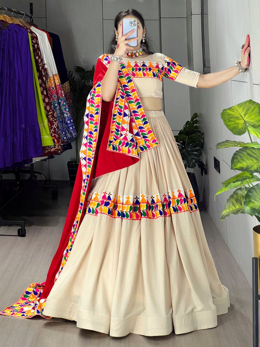 Exotic Vanilla-Toned Chaniya Choli with Multicolor Traditional Gamthi and Kutchchi Work