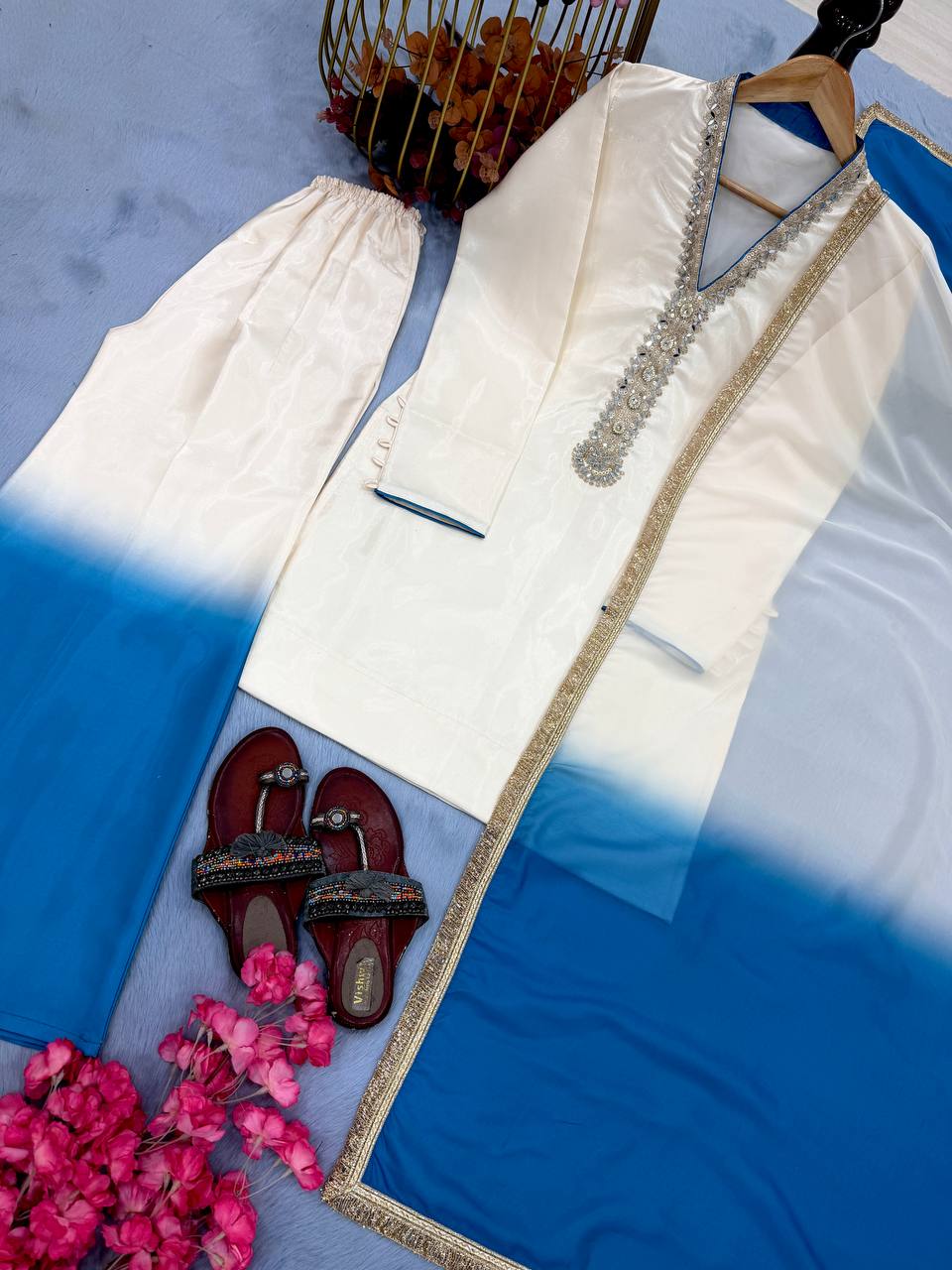 Launching New Designer Party Wear Look Pure Roman Glass Top & Elegant Palazzo with Dupatta Set
