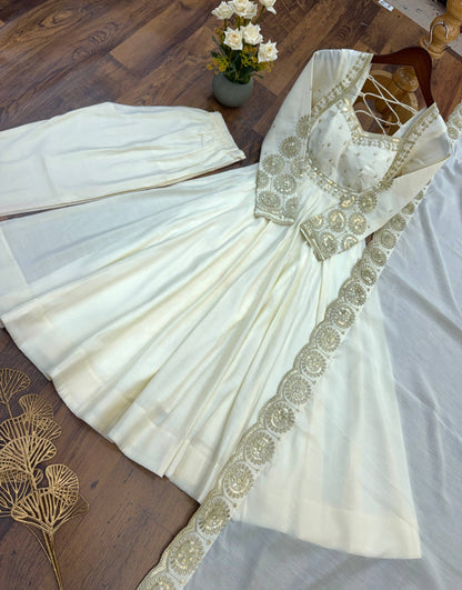 RangBhoomi Designer Anarkali Gown Set with Chanderi Dupatta - Roman Silk, Embroidered Sequins