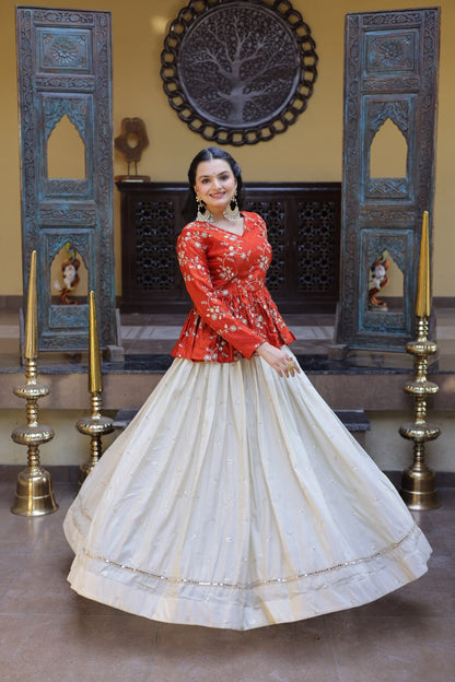 RangBhoomi Elegant Silk Embroidered Crop Top Set with Flared Lehenga and Sequined Detailing