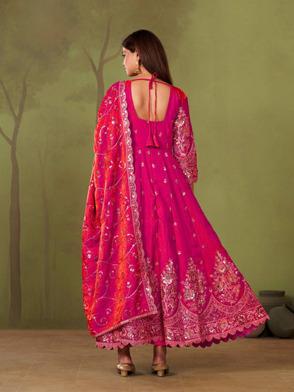 RangBhoomi Designer Party Wear Gown Set — 10 Colors, Heavy Jelly Shimmer Silk, Fully Stitched Embroidered Gown with Dupatta & Micro-Cotton Pant