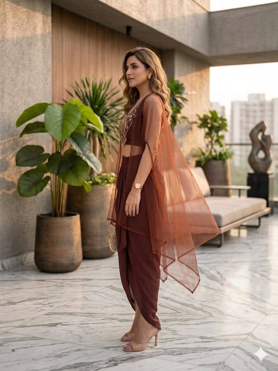 Designer Fusion Style Luxury Collection - Elegant Roman Silk Ensemble with Embroidery, Net Lace Dupatta, and Dripping Skirt
