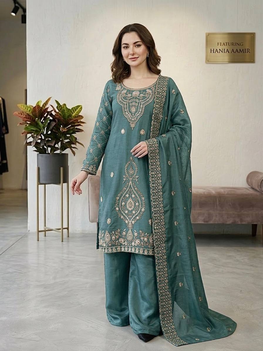 Elegant Designer Party Wear Top, Palazzos, and Dupatta Set with Intricate Heavy Embroidery and Beaded Detailing