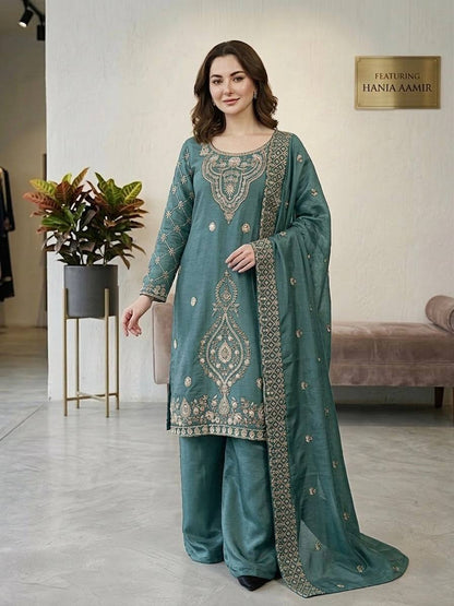 Elegant Designer Party Wear Top, Palazzos, and Dupatta Set with Intricate Heavy Embroidery and Beaded Detailing