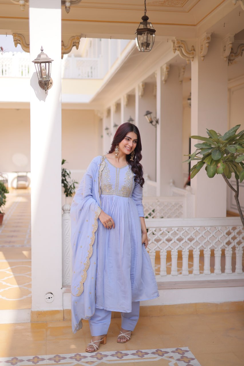 Premium Ready-to-Wear Mal Mal Chanderi Gown Set with Roman Silk Pants and Embroidered Dupatta