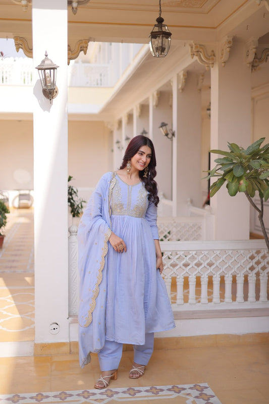 Premium Ready-to-Wear Mal Mal Chanderi Gown Set with Roman Silk Pants and Embroidered Dupatta
