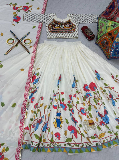 Full set of Gamthi Grace Lehenga Choli laid out, showing vibrant folk prints, blouse, dupatta, and props.
