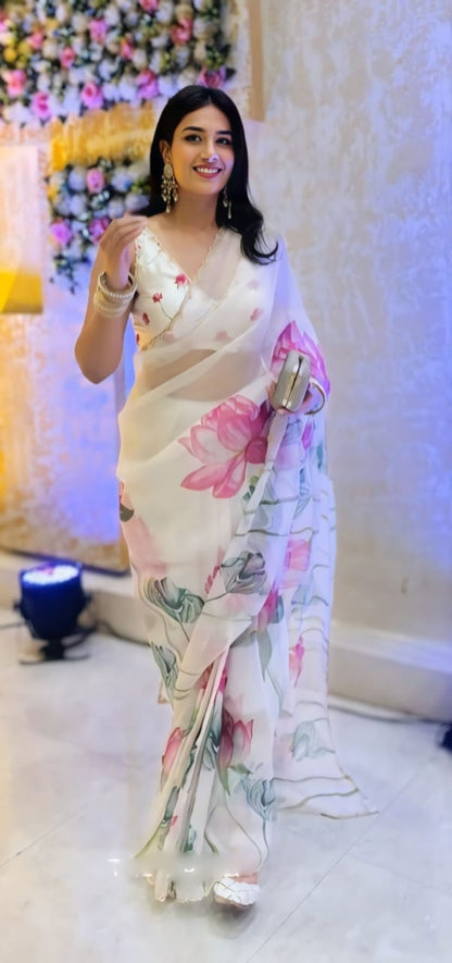 Ready to Wear Organza Saree - Floral Print, Lightweight