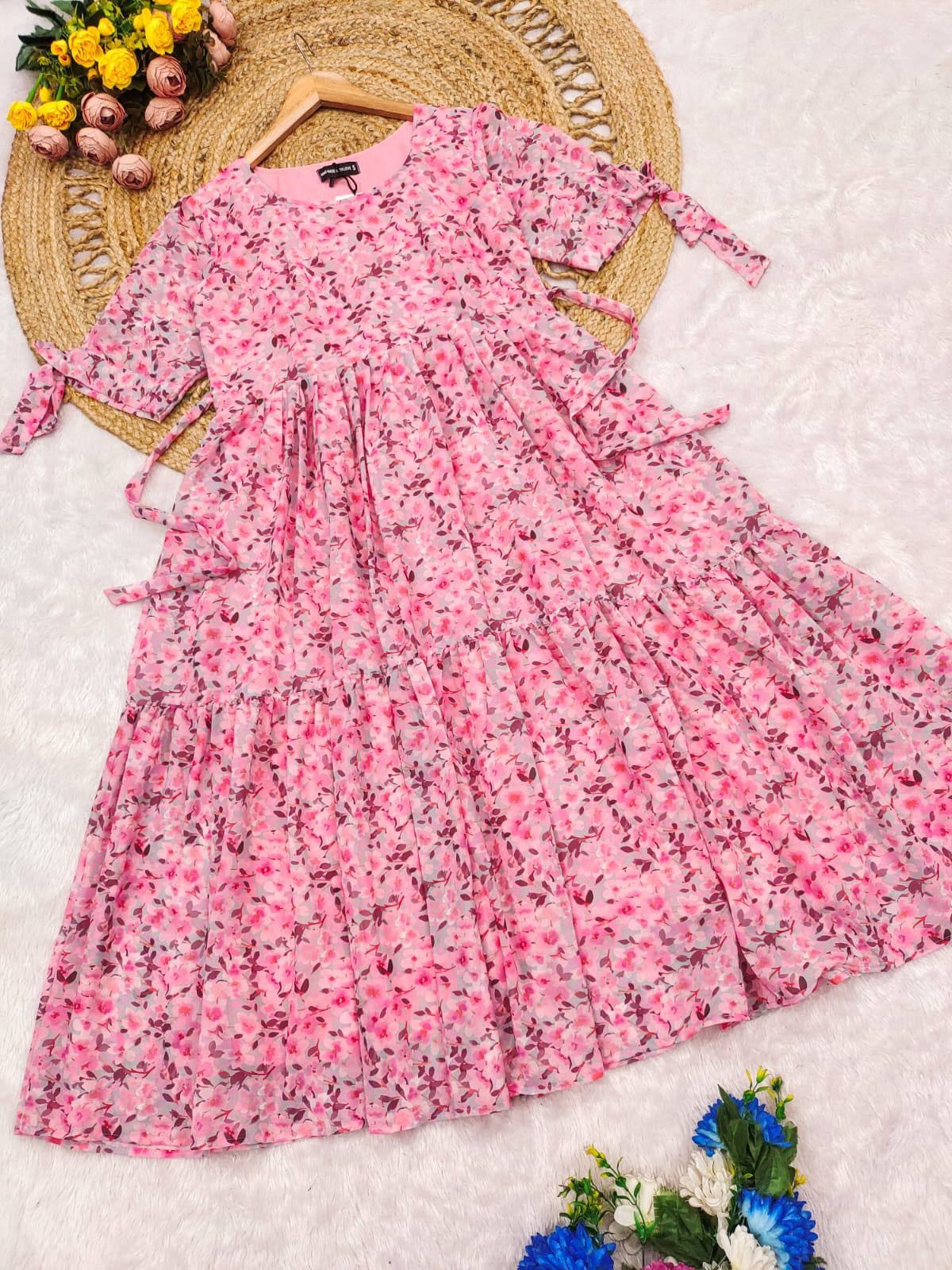 Close up of the Rosy Retro Georgette Maxi Dress and its floral print.