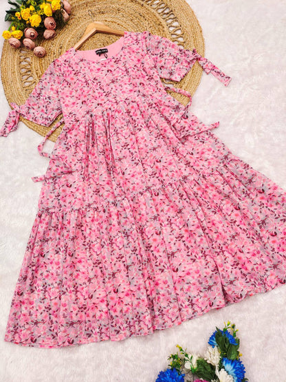 Close up of the Rosy Retro Georgette Maxi Dress and its floral print.