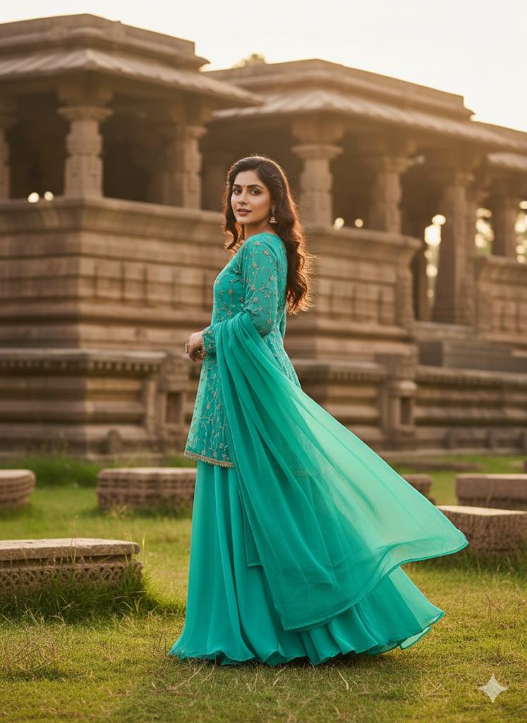 Woman in flowing mint green peplum skirt set with traditional temple background.