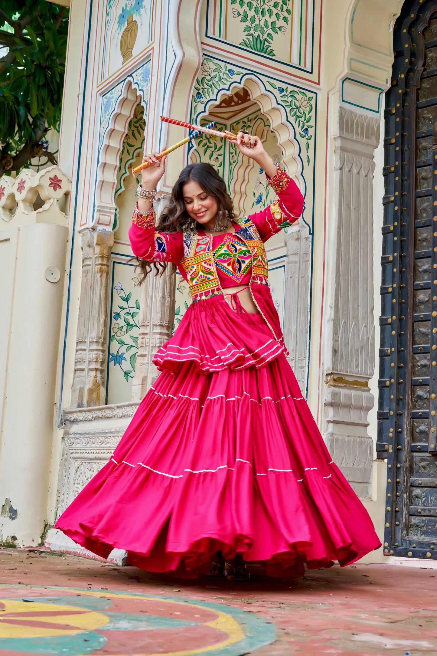 Navratri Special Gamthi Embroidery Lehenga Choli with Mirror and Ribbon Lace – Pure Cotton, Fully Stitched, 9 Meter Flair