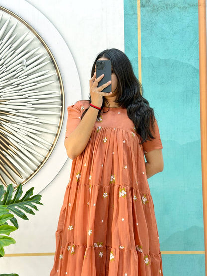 Elegant Floral Mull Cotton Chanderi Midi Gown for Summer – Embroidered, Fully Stitched, Available in Multiple Sizes