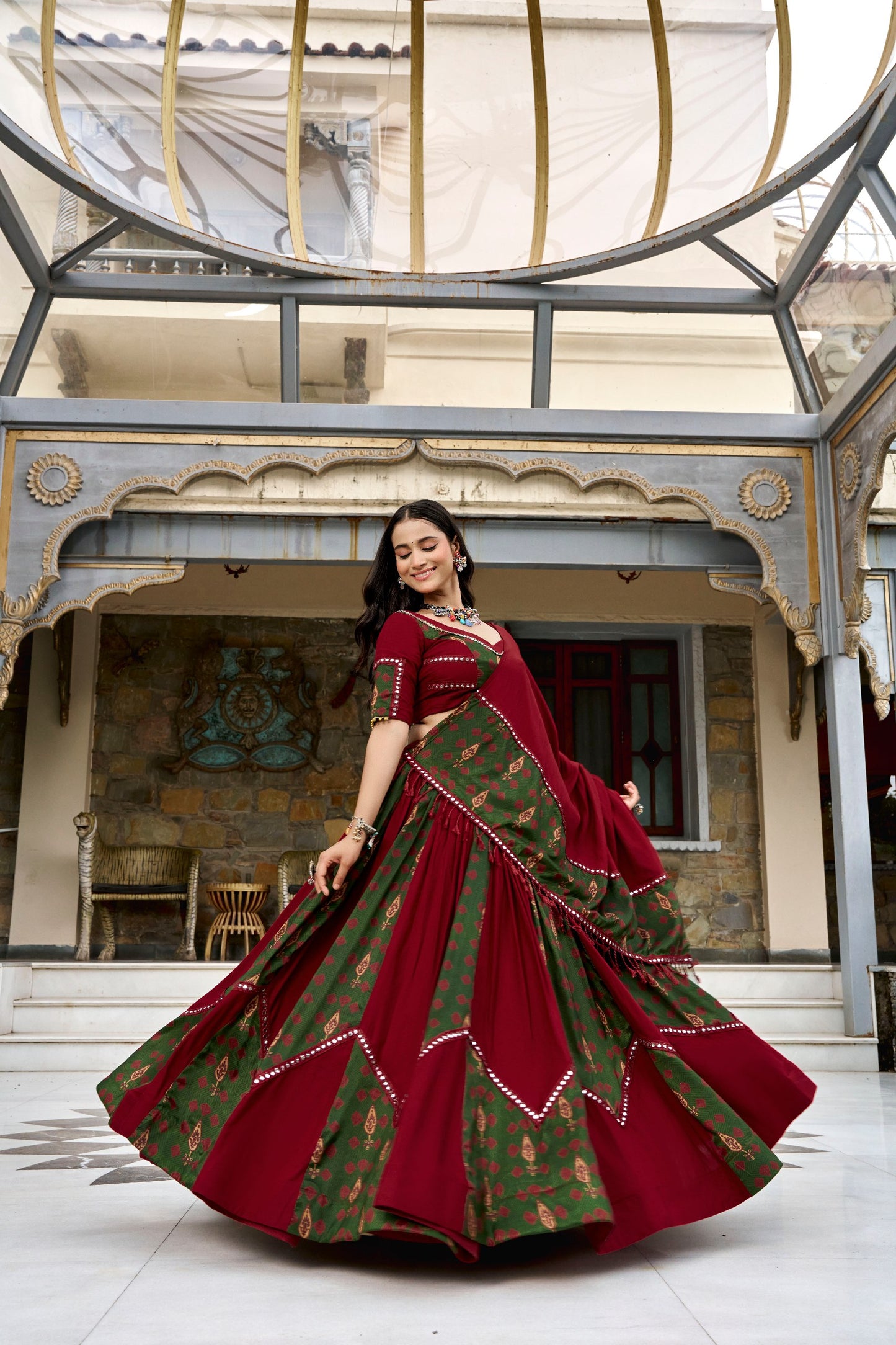 RangBhoomi Navratri 2026 Rayon Ajrakh Lehenga with Mirror Lace & Tassel Dupatta