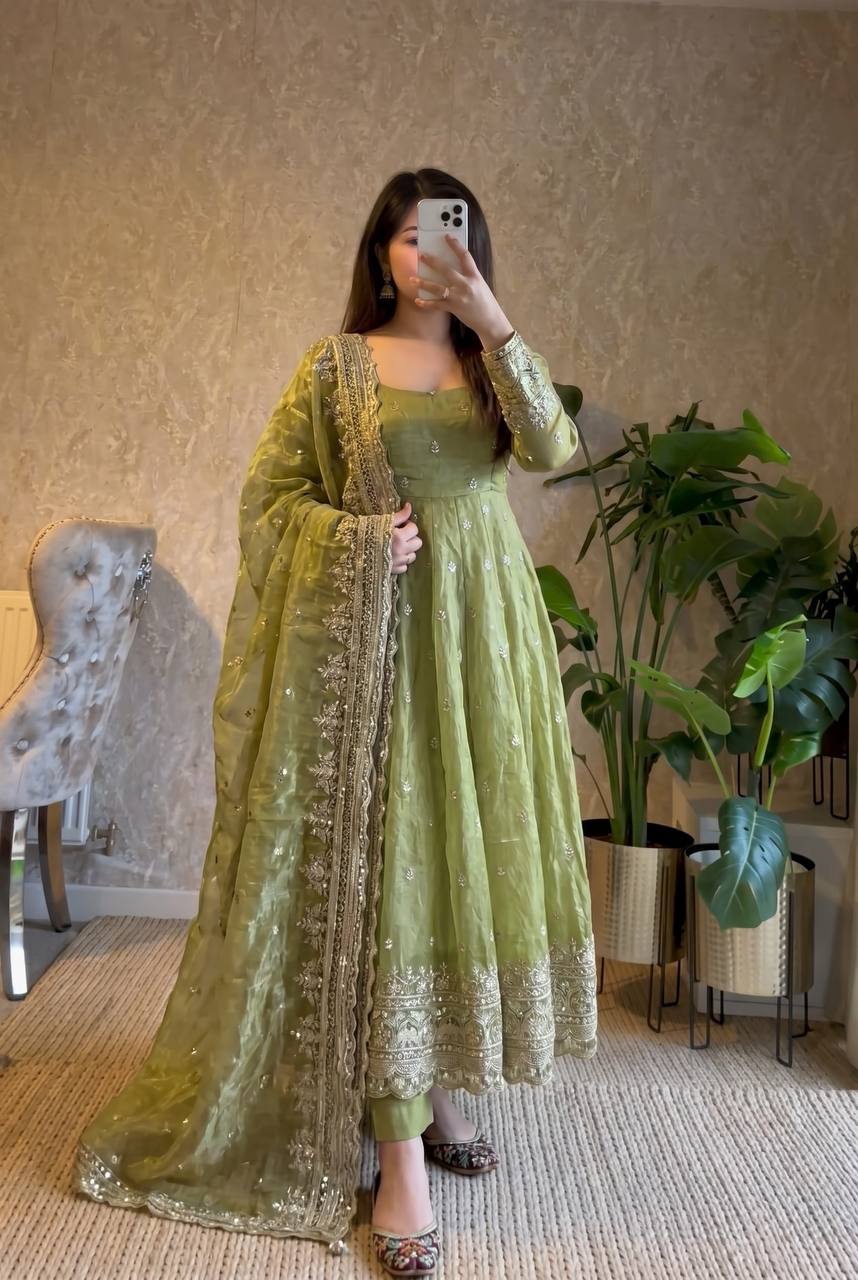 RangBhoomi Designer Embroidered Party Gown with Dupatta & Pant — Heavy Fandy Silk, 17 Colours