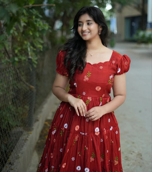 Terra Maxi Floral Embroidered Chanderi Cotton Dress by RangBhoomi