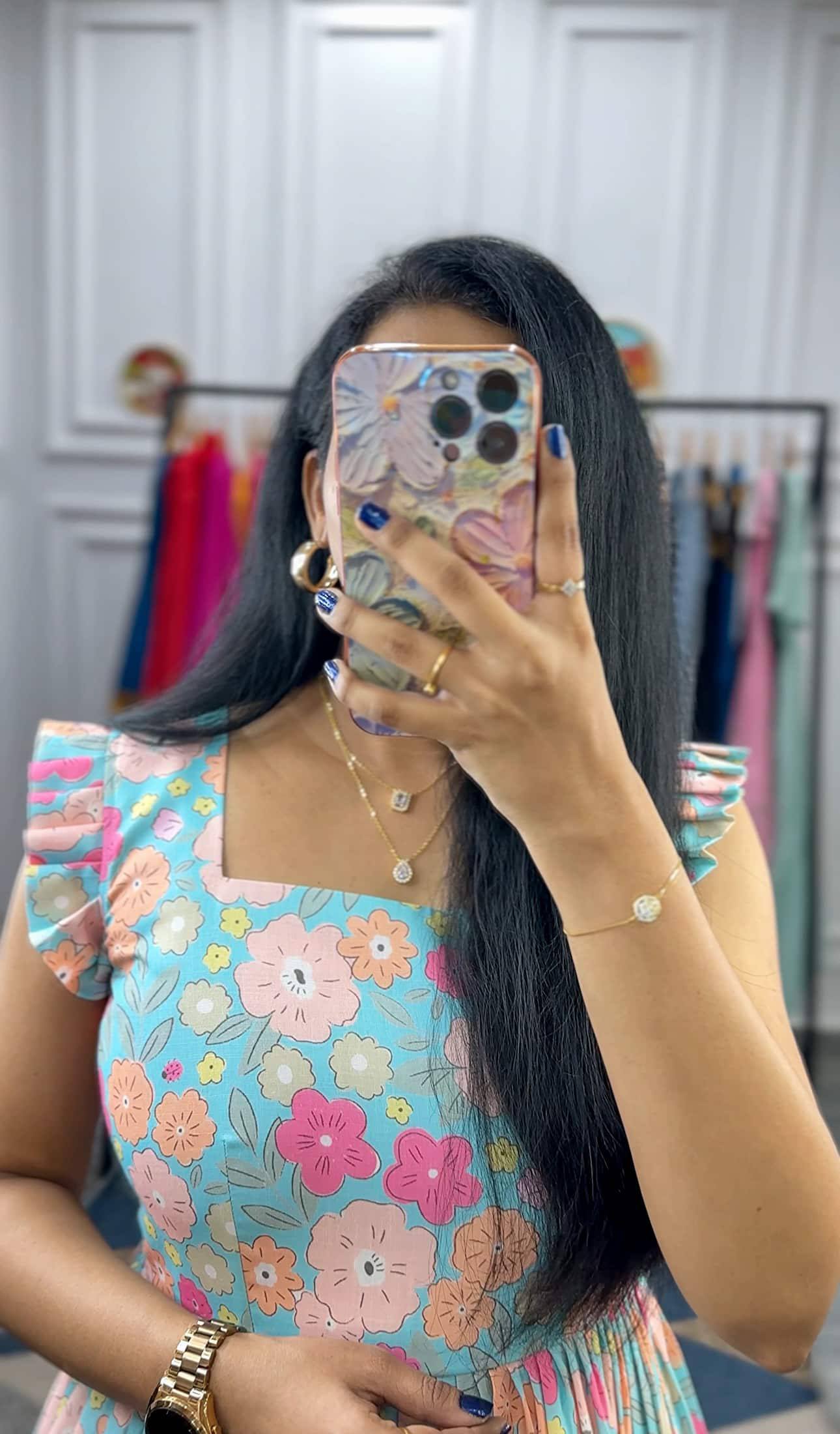 Close-up of Georgette fabric floral print dress with jewelry