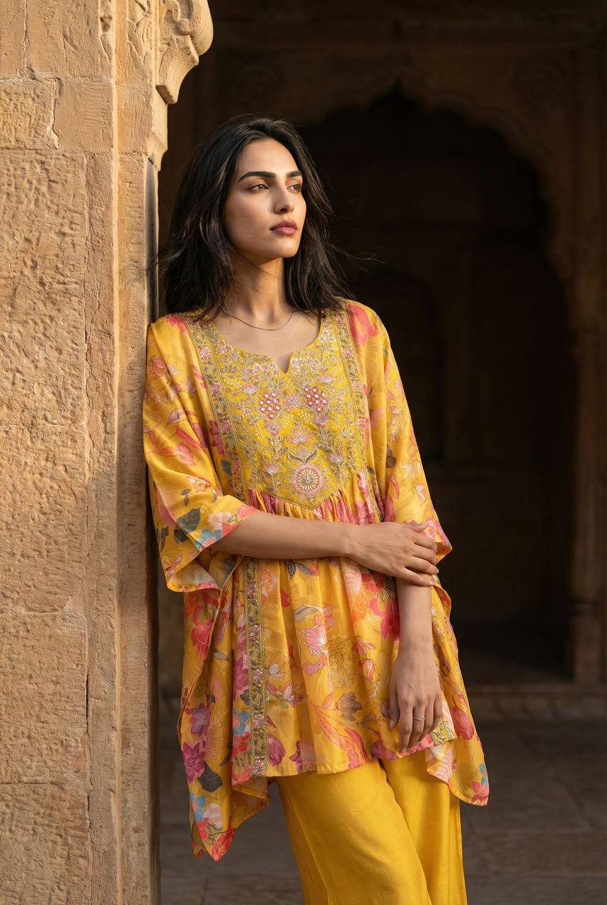 Woman in a yellow floral crepe kaftan with embroidery and matching palazzo pants.