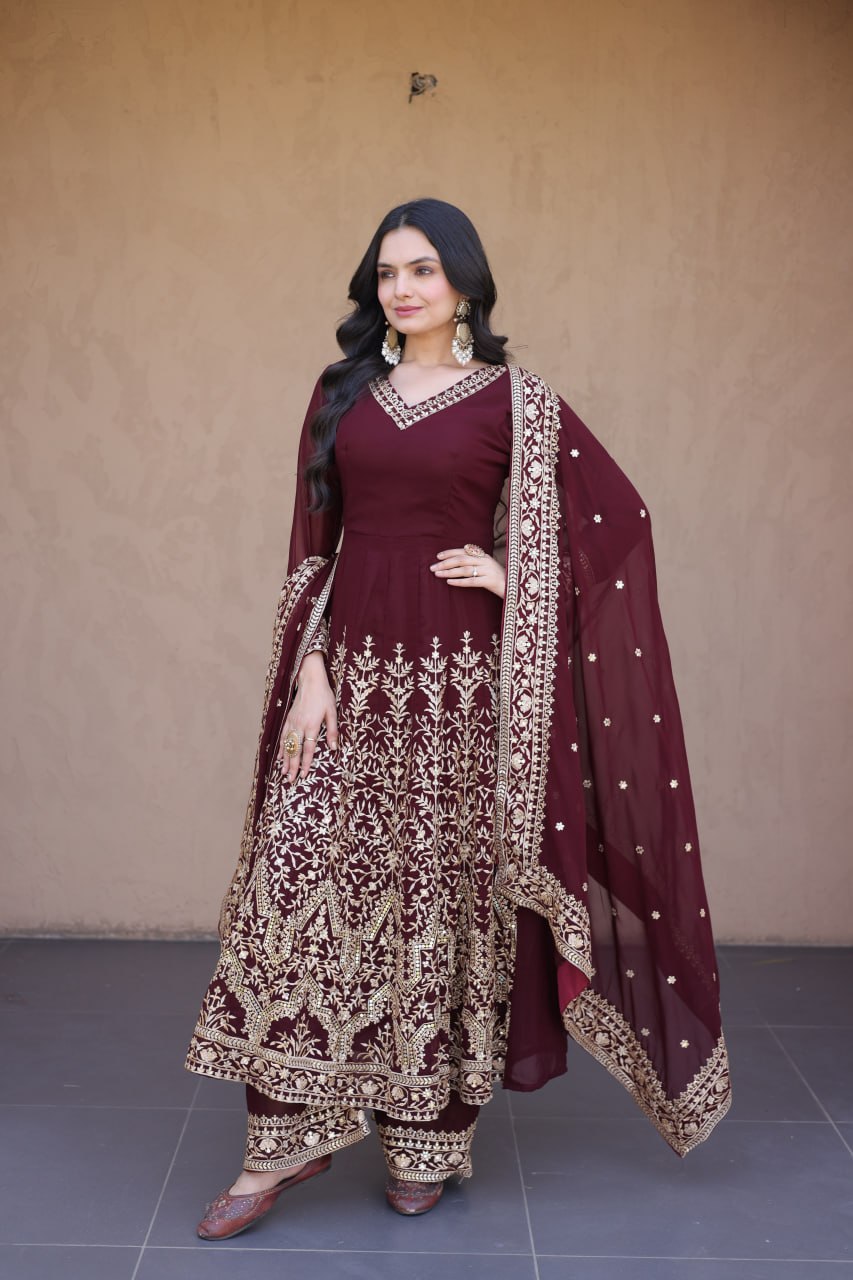 RangBhoomi Premium Readymade Gown with Pant & Dupatta Set - Embroidered Faux Blooming Festive Ensemble