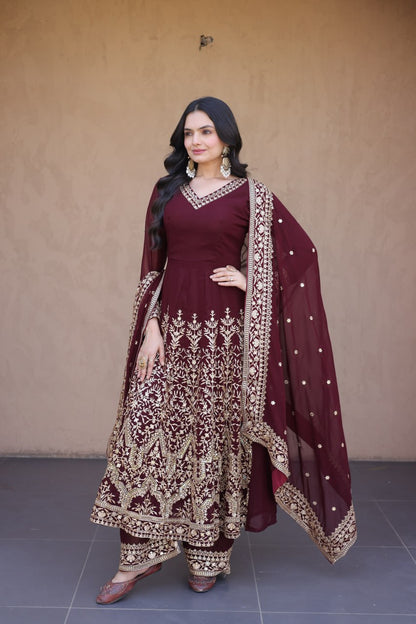 RangBhoomi Premium Readymade Gown with Pant & Dupatta Set - Embroidered Faux Blooming Festive Ensemble