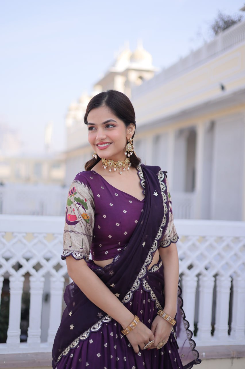 Elegant Three-Piece Traditional Lehenga Choli Set with Dupatta in Pink and Wine