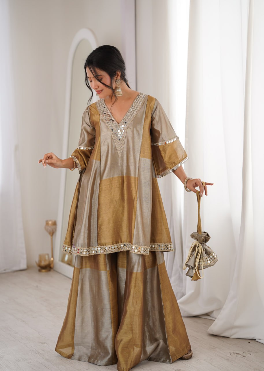 Ready-Made Two-Piece Ensemble with Batwa - Elegant Two-Tone Tissue Fabric with Embroidered and Mirror Work Lace